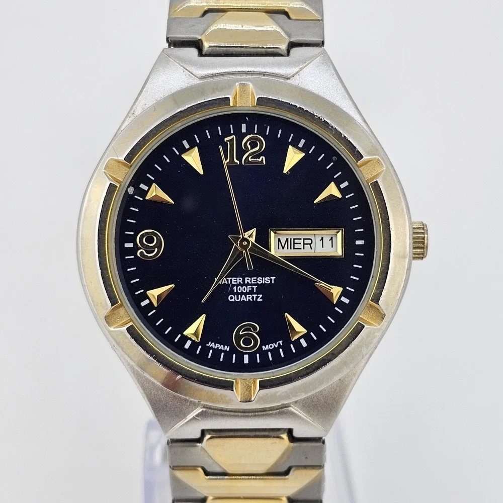 38MM Men Watch Blue Black Dial DayDate Expandable Band 6.75